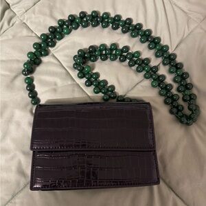 Elegant Croc-Embossed Purple Bag with Green Beaded Strap